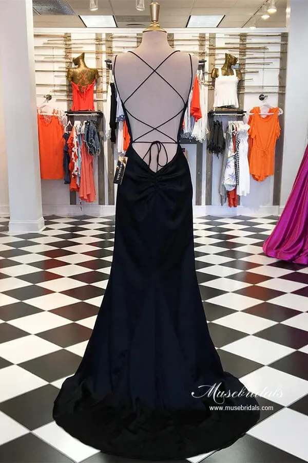 Black Satin Sheath Spaghetti Straps Simple Prom Dresses, Party Dress, MP896
