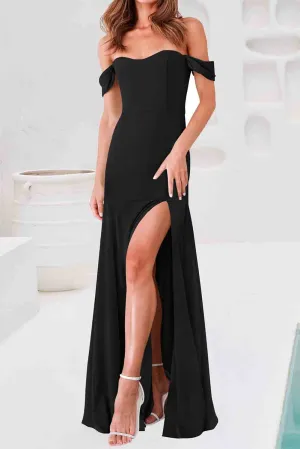 Black Thigh High Split Sheath Off Shoulder Evening Dress