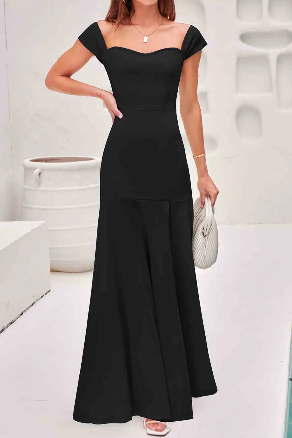 Black Thigh High Split Sheath Off Shoulder Evening Dress