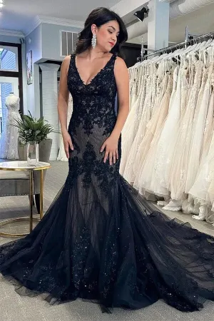 Black Tulle Sheath V-neck Lace Appliques Wedding Dresses, Bridal Gown, MW978
