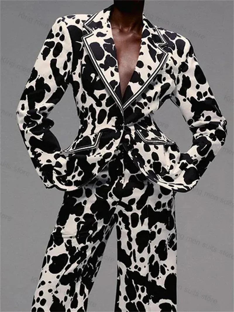 Black White Zebra Printed Women Suit Set 2 Piece Blazer Pants