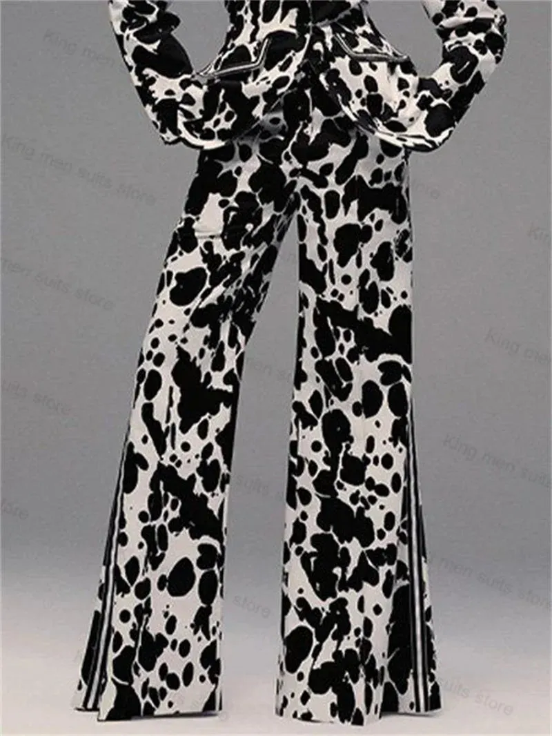 Black White Zebra Printed Women Suit Set 2 Piece Blazer Pants