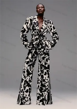 Black White Zebra Printed Women Suit Set 2 Piece Blazer Pants