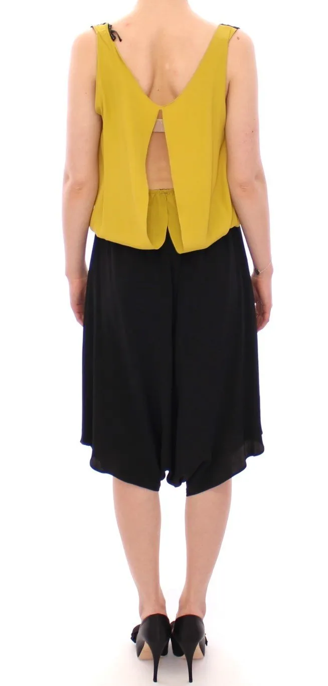 Black Yellow Silk Shift Sheath Cocktail Dress