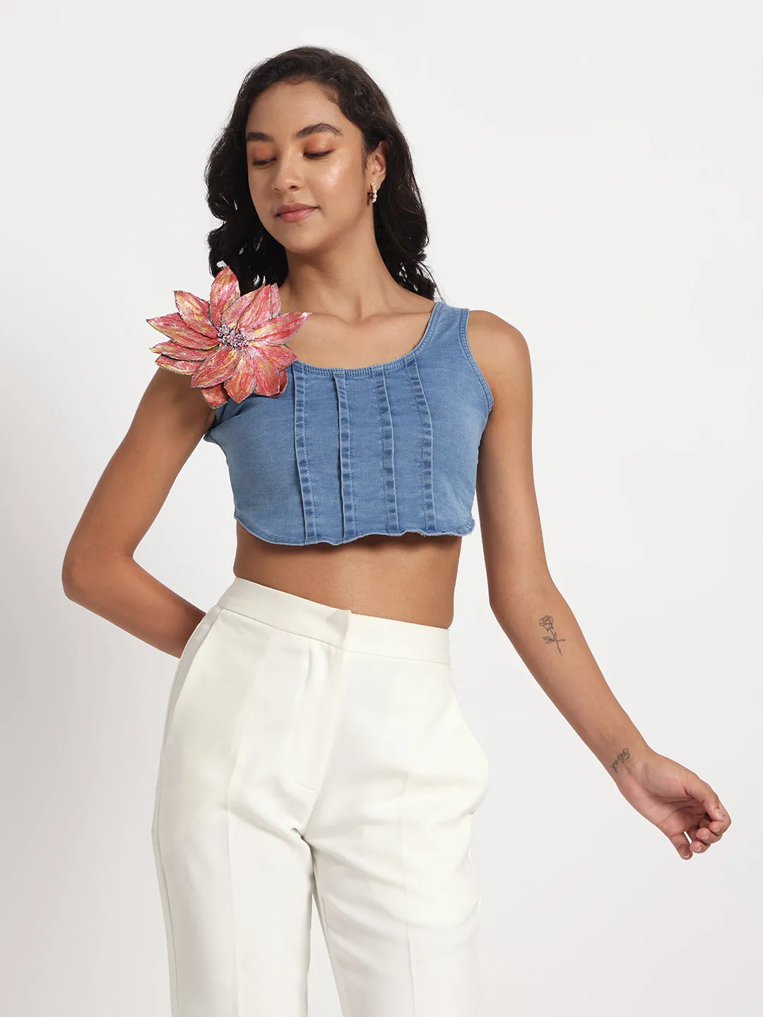 Blossom Charm Denim Crop Top with Hand-Painted Brooch