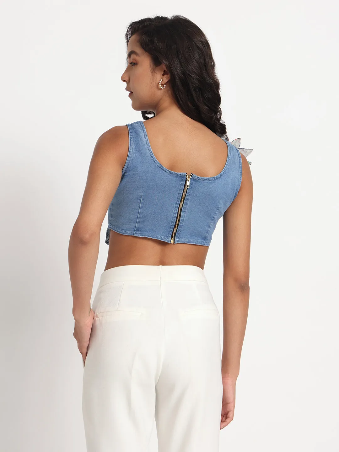 Blossom Charm Denim Crop Top with Hand-Painted Brooch