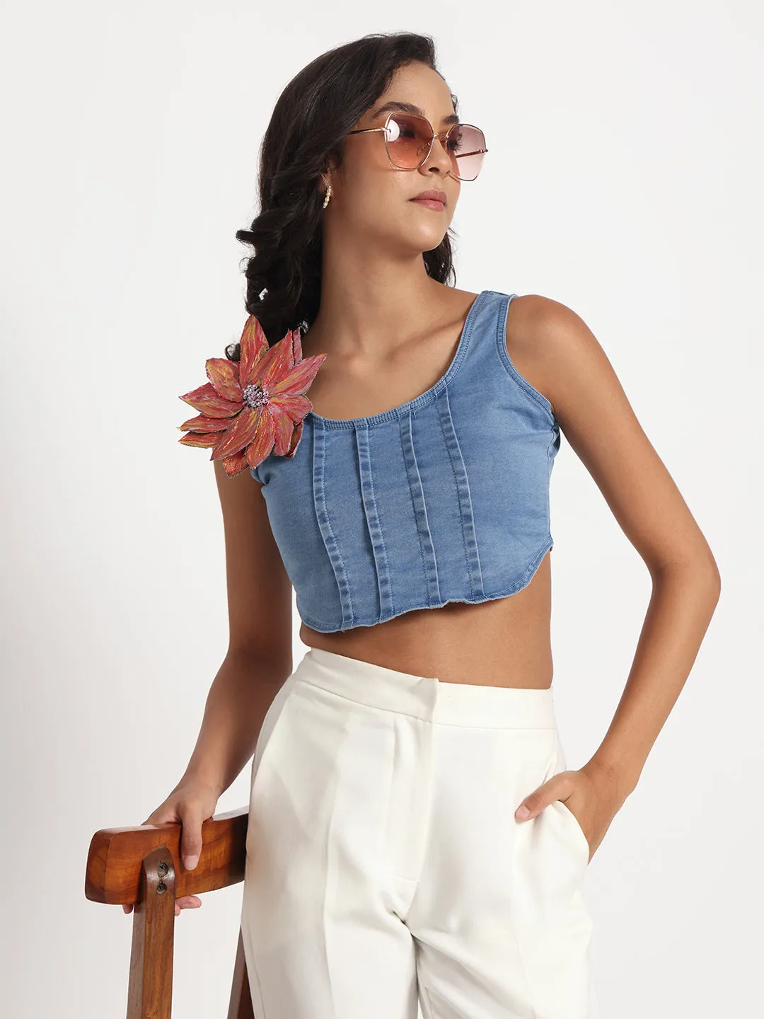 Blossom Charm Denim Crop Top with Hand-Painted Brooch