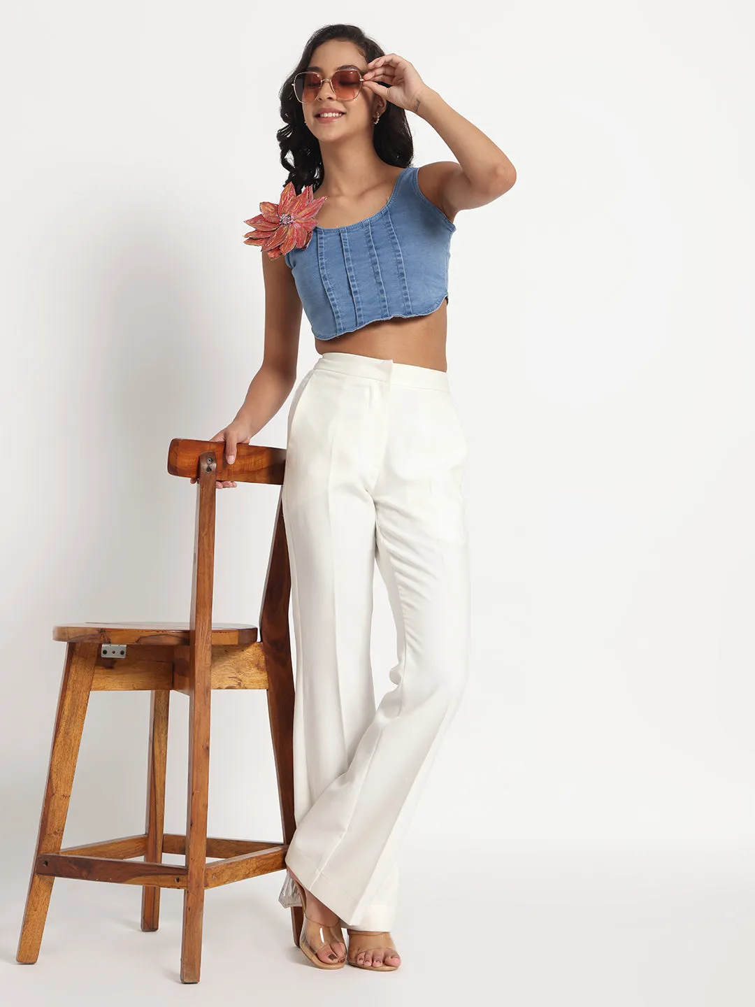 Blossom Charm Denim Crop Top with Hand-Painted Brooch