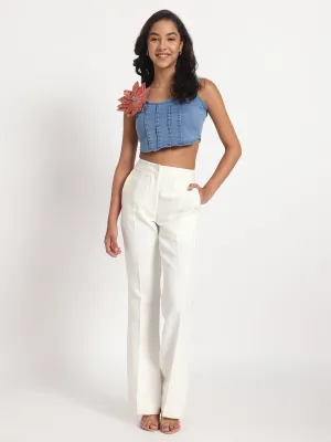 Blossom Charm Denim Crop Top with Hand-Painted Brooch