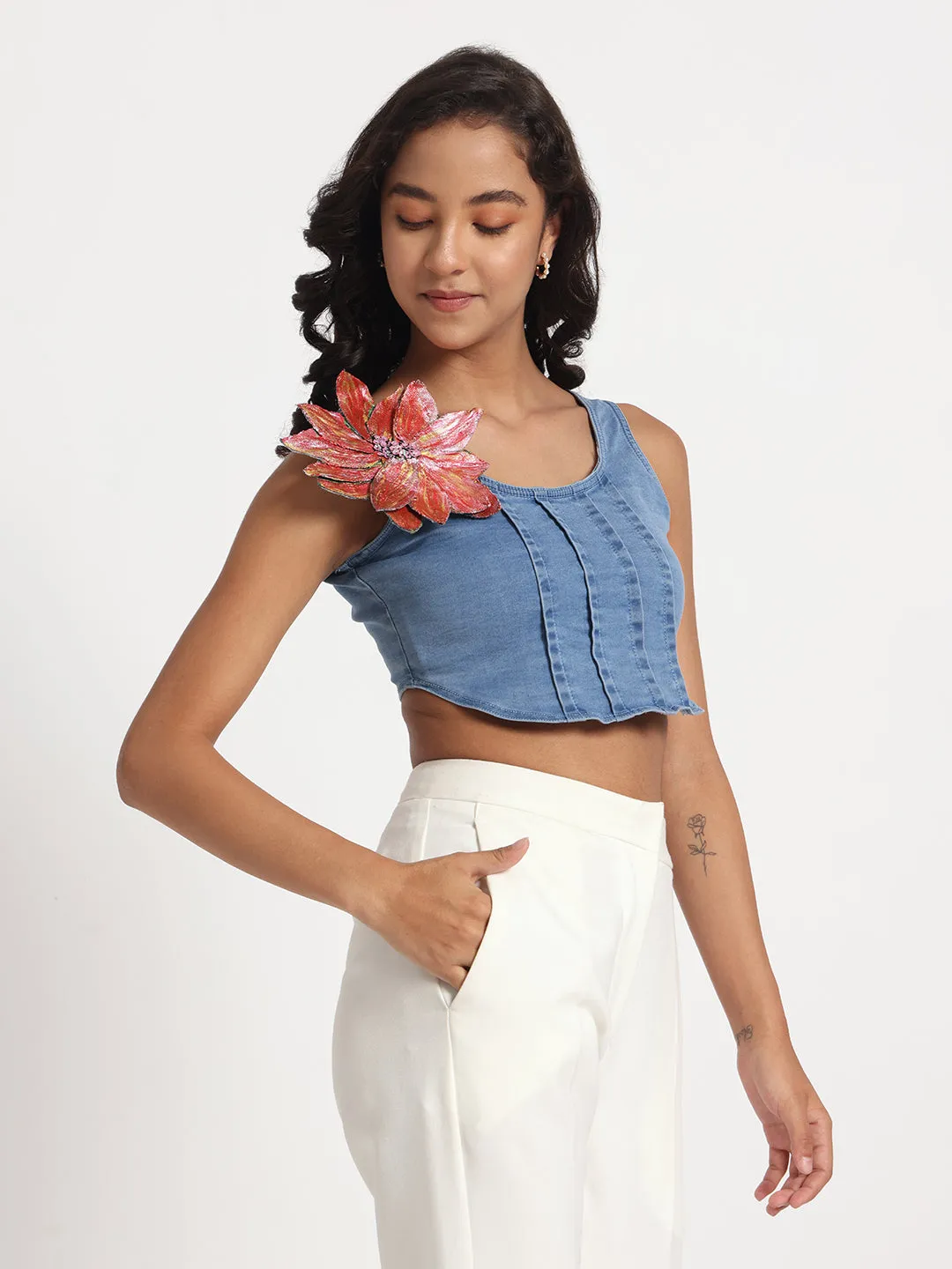 Blossom Charm Denim Crop Top with Hand-Painted Brooch