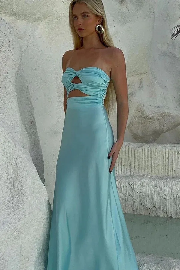 Blue Satin Sheath Strapless Floor Length Prom Dresses, Evening Dress, MP1021