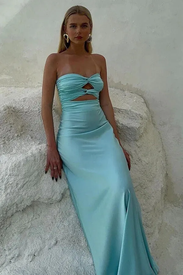 Blue Satin Sheath Strapless Floor Length Prom Dresses, Evening Dress, MP1021