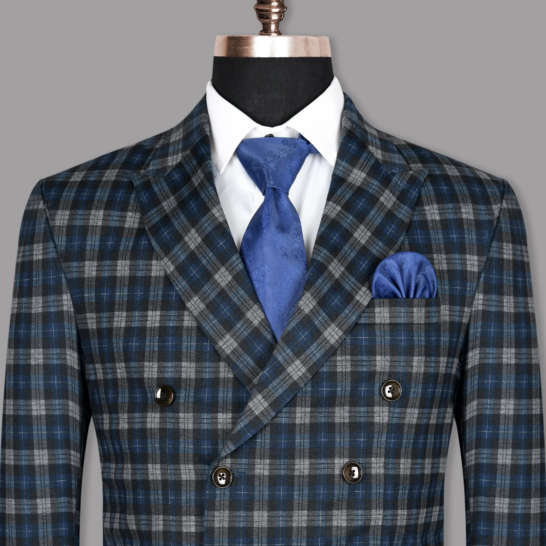 Blue with Tonal Grey Plaid Designer Blazer