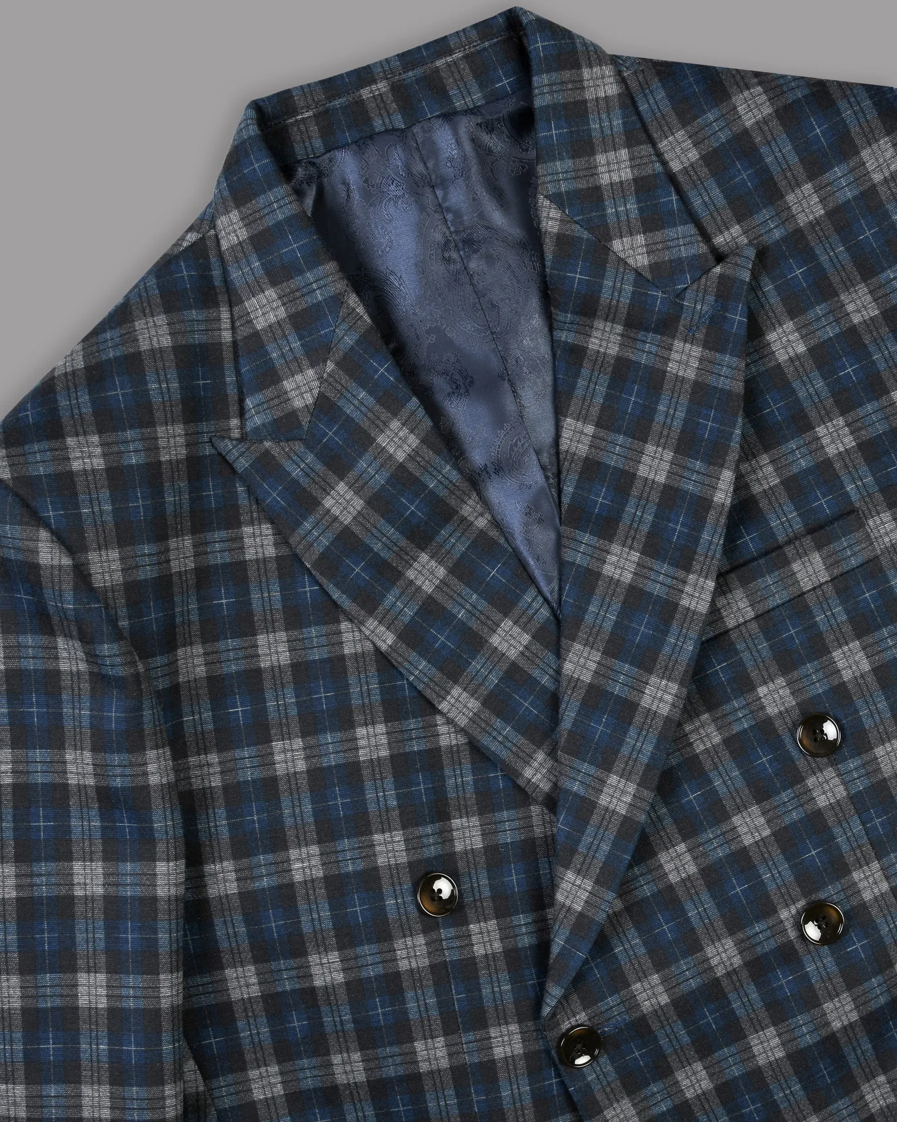 Blue with Tonal Grey Plaid Designer Blazer