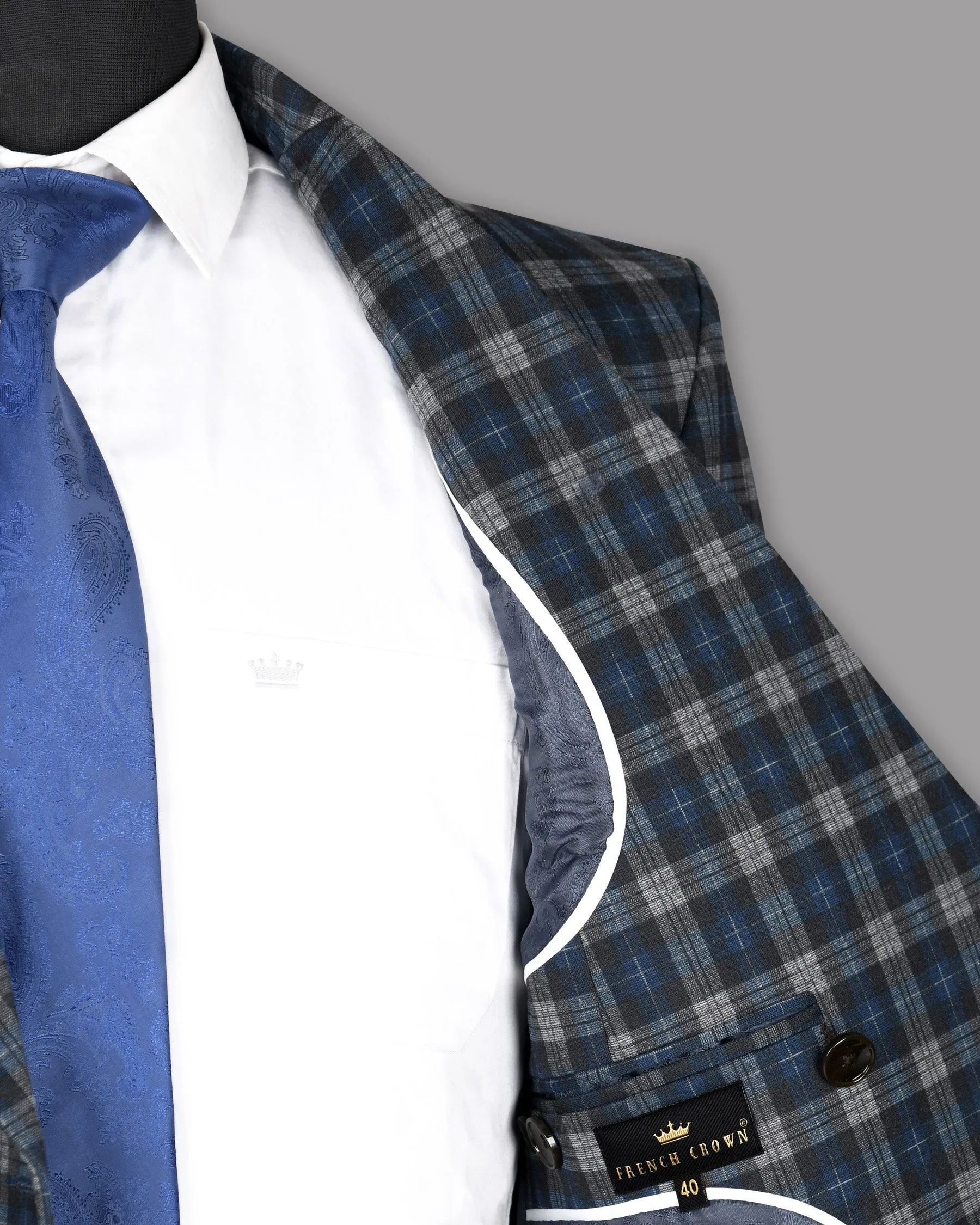 Blue with Tonal Grey Plaid Designer Blazer
