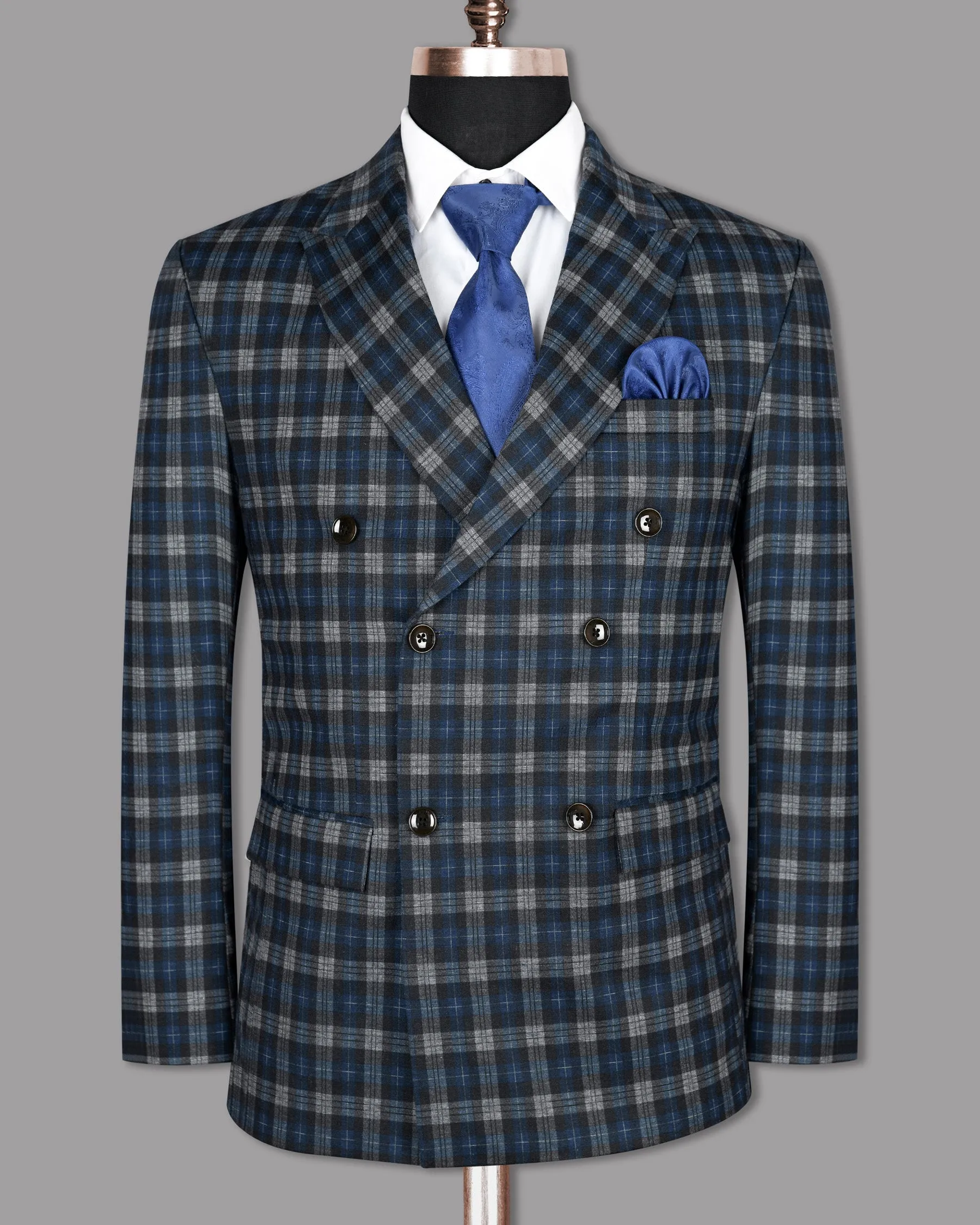 Blue with Tonal Grey Plaid Designer Blazer