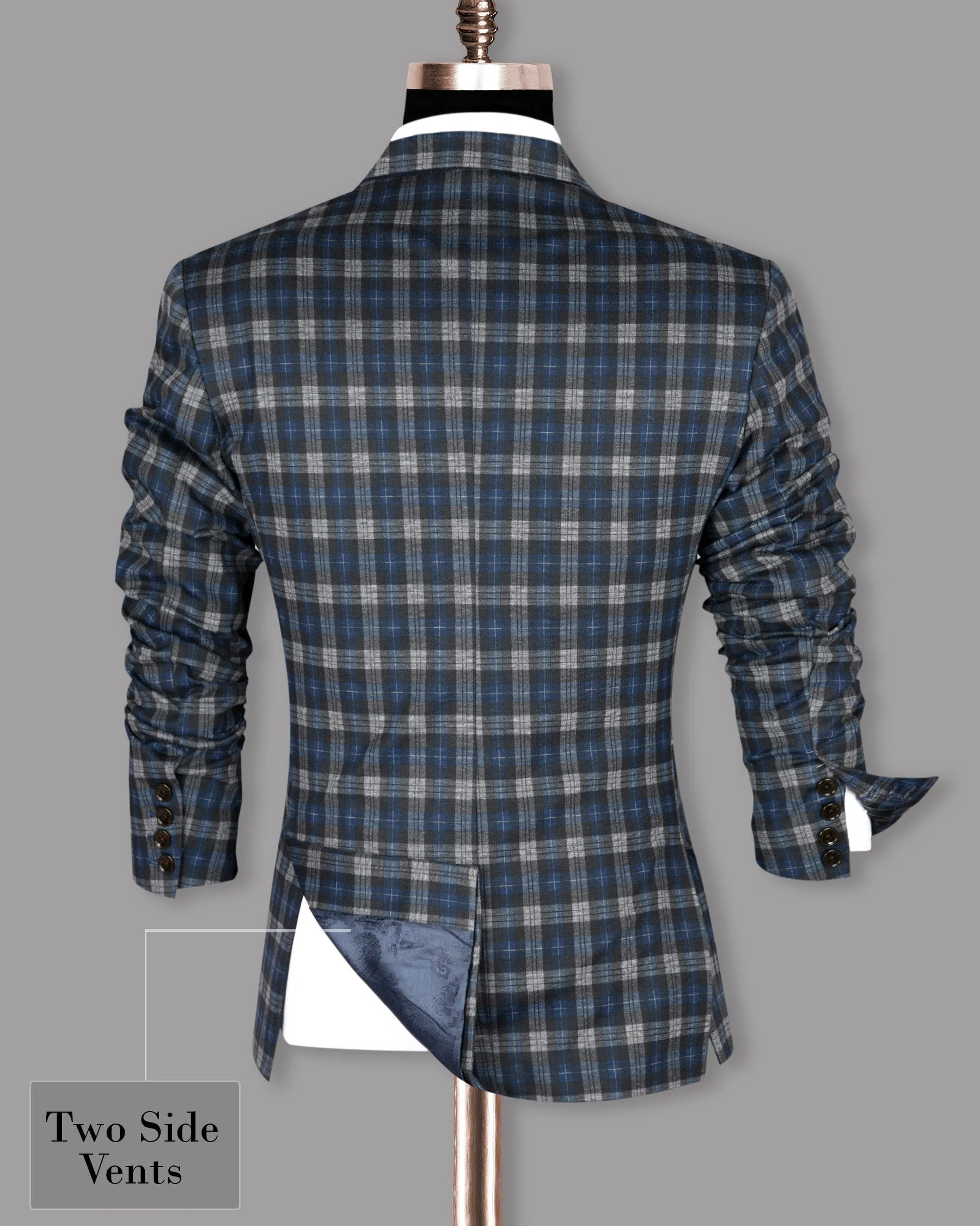 Blue with Tonal Grey Plaid Designer Blazer