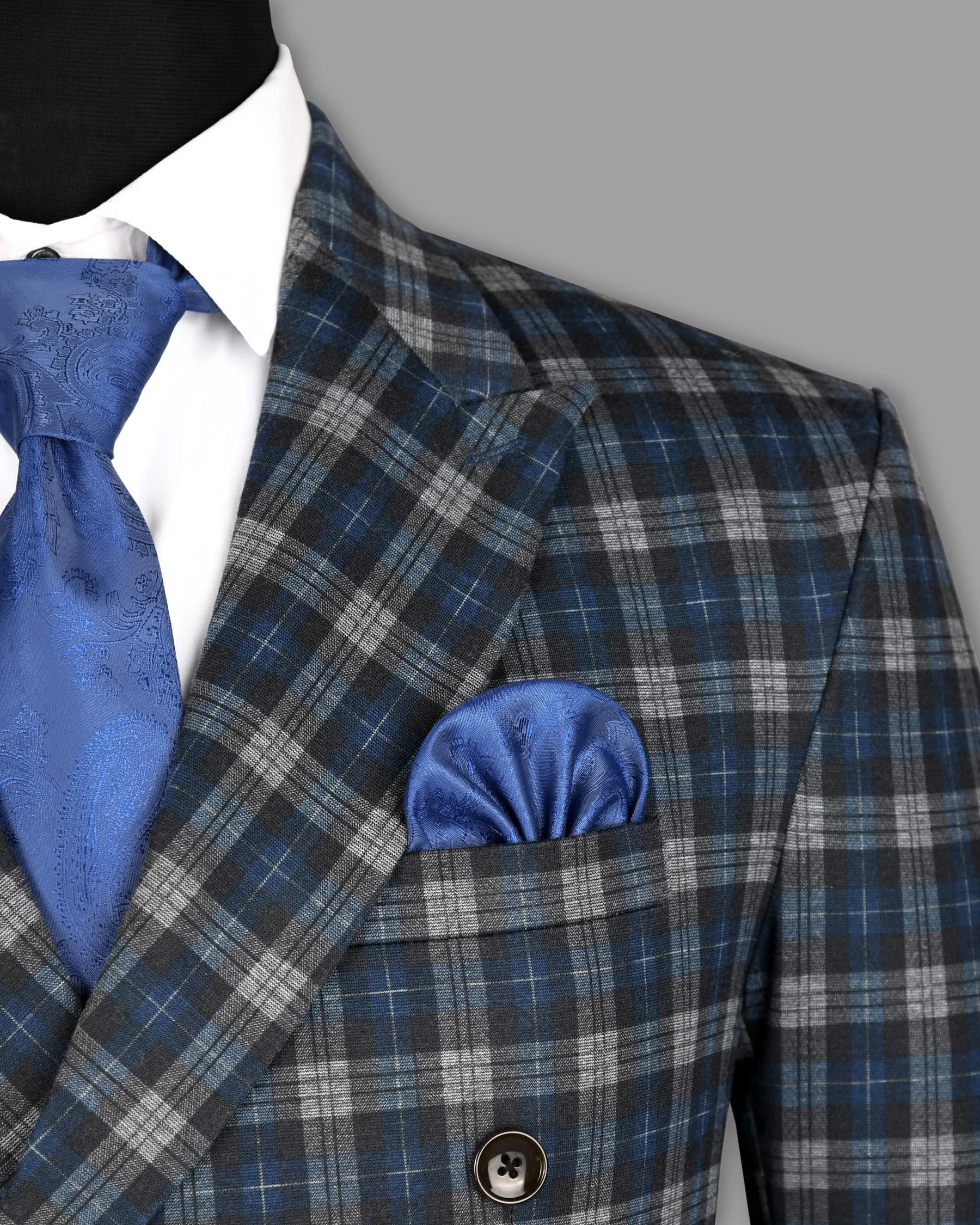 Blue with Tonal Grey Plaid Designer Blazer