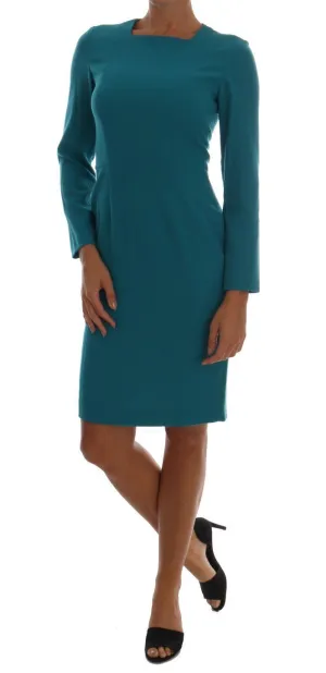 Blue Wool Sheath Long Sleeve Dress