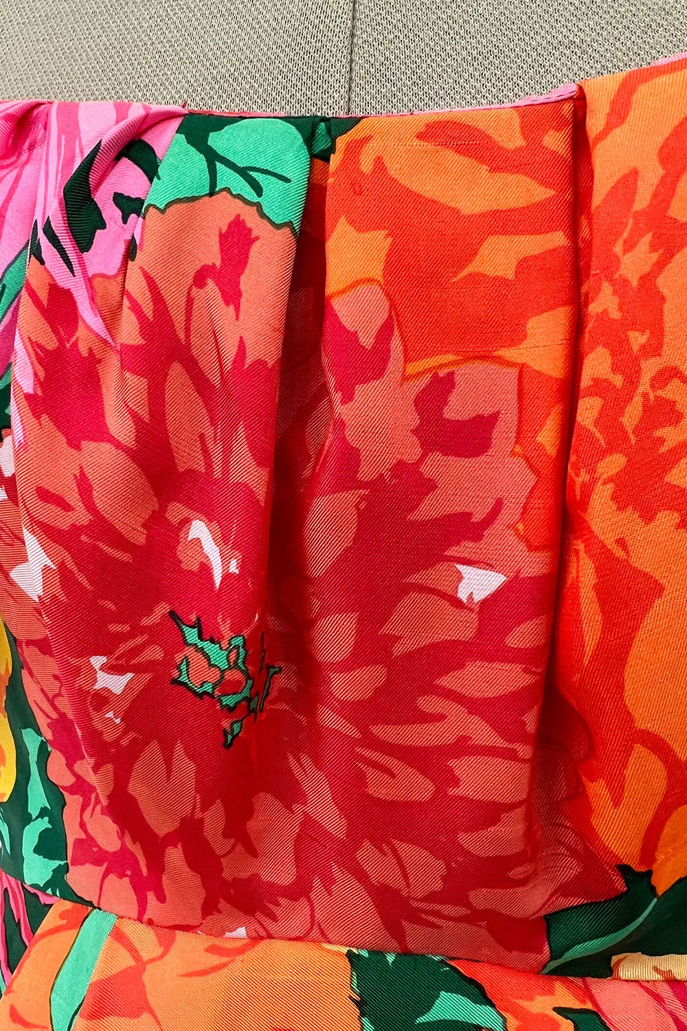 Brilliant Spring 1987 Arnold Scaasi Off Shoulder Silk Twill Floral Dress w Pouf Skirts