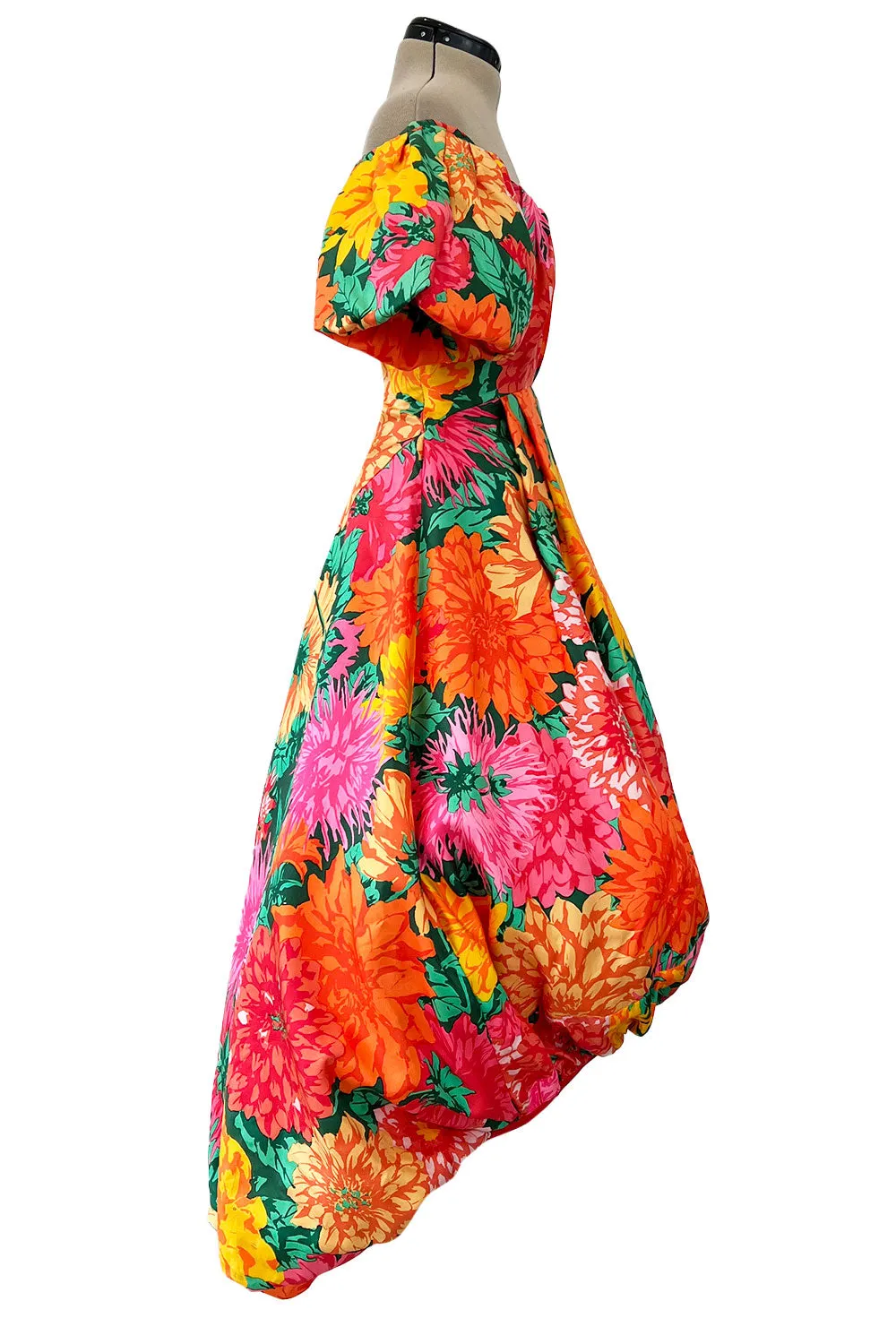 Brilliant Spring 1987 Arnold Scaasi Off Shoulder Silk Twill Floral Dress w Pouf Skirts