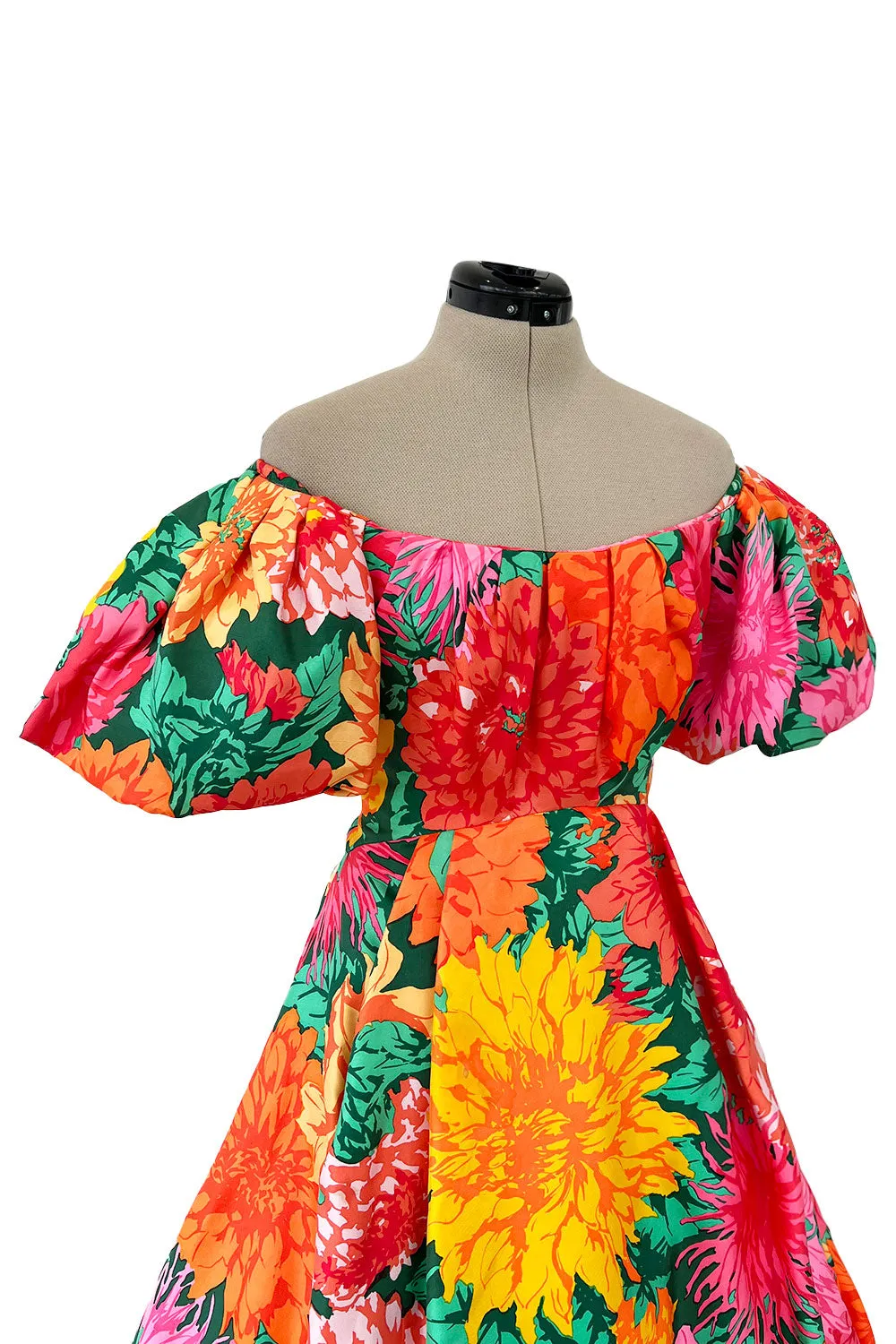 Brilliant Spring 1987 Arnold Scaasi Off Shoulder Silk Twill Floral Dress w Pouf Skirts