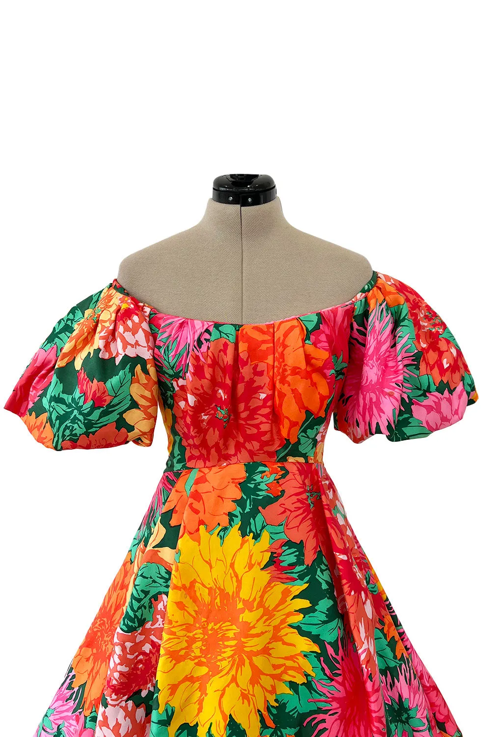 Brilliant Spring 1987 Arnold Scaasi Off Shoulder Silk Twill Floral Dress w Pouf Skirts