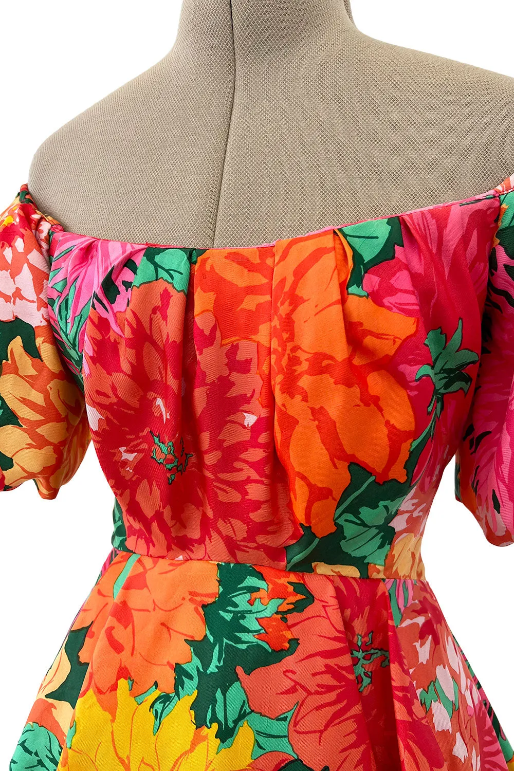 Brilliant Spring 1987 Arnold Scaasi Off Shoulder Silk Twill Floral Dress w Pouf Skirts