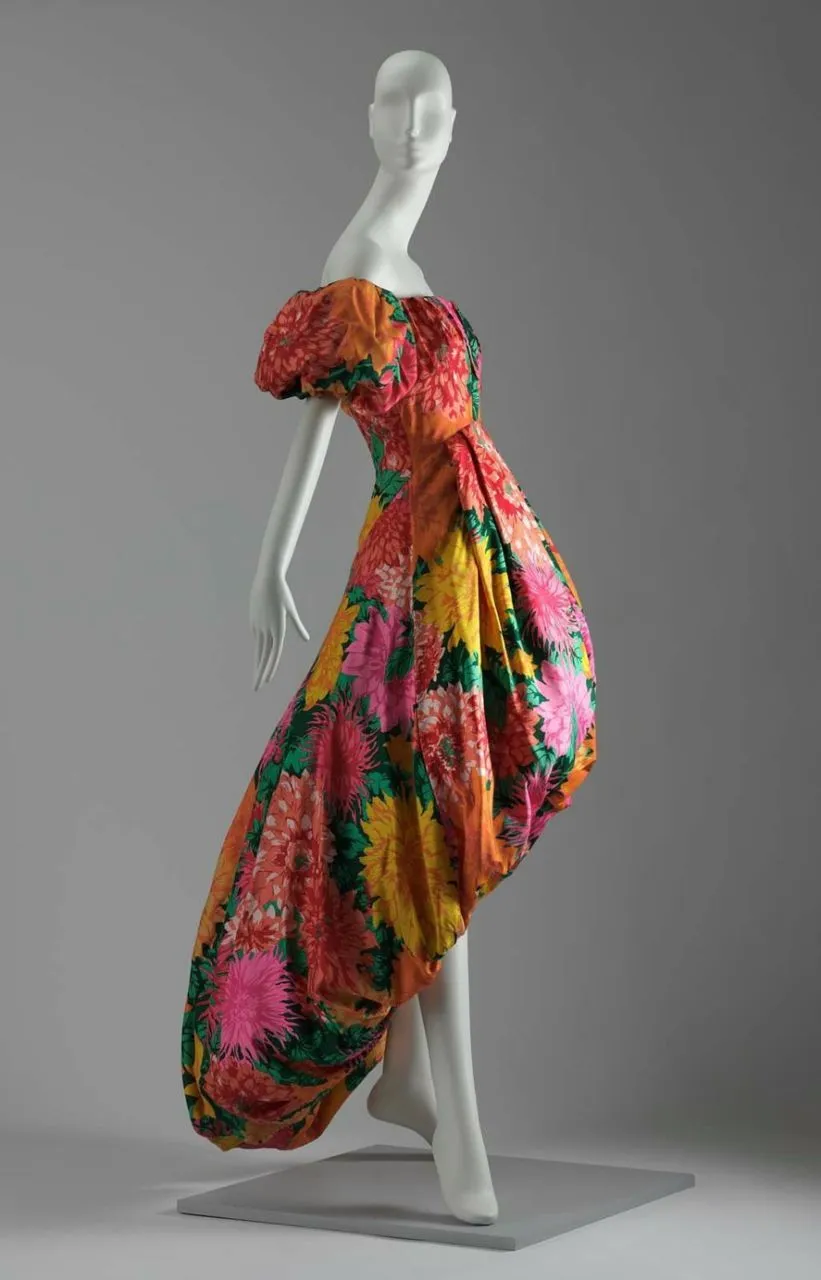 Brilliant Spring 1987 Arnold Scaasi Off Shoulder Silk Twill Floral Dress w Pouf Skirts