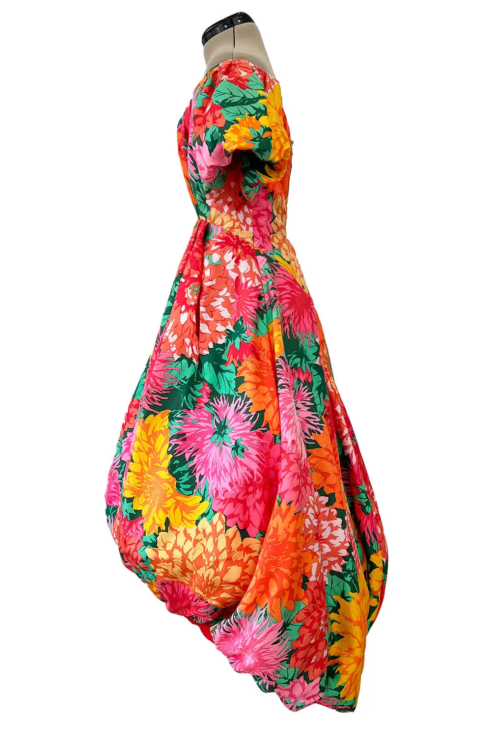 Brilliant Spring 1987 Arnold Scaasi Off Shoulder Silk Twill Floral Dress w Pouf Skirts