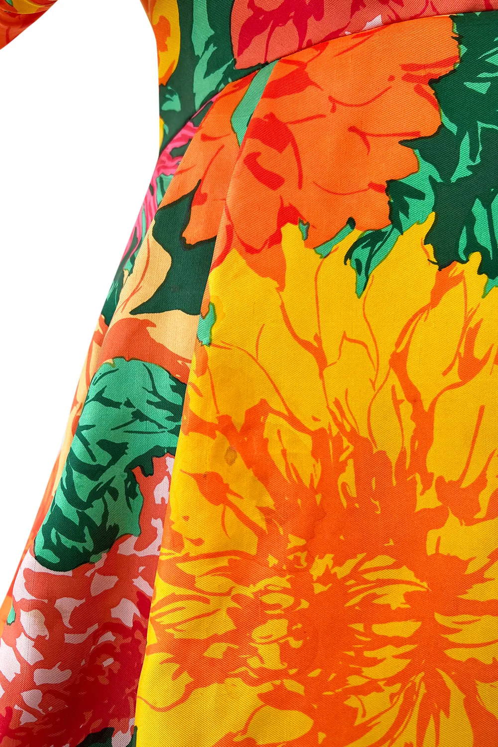 Brilliant Spring 1987 Arnold Scaasi Off Shoulder Silk Twill Floral Dress w Pouf Skirts