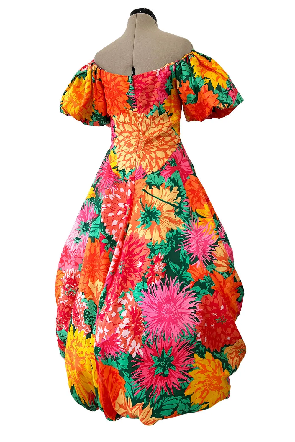 Brilliant Spring 1987 Arnold Scaasi Off Shoulder Silk Twill Floral Dress w Pouf Skirts