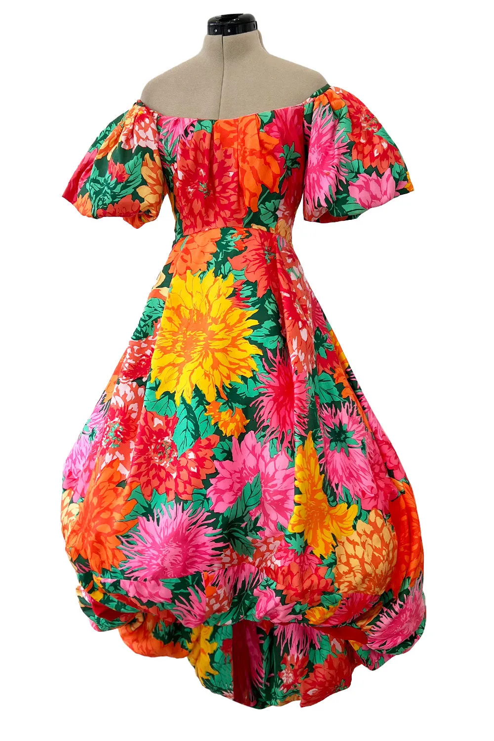 Brilliant Spring 1987 Arnold Scaasi Off Shoulder Silk Twill Floral Dress w Pouf Skirts