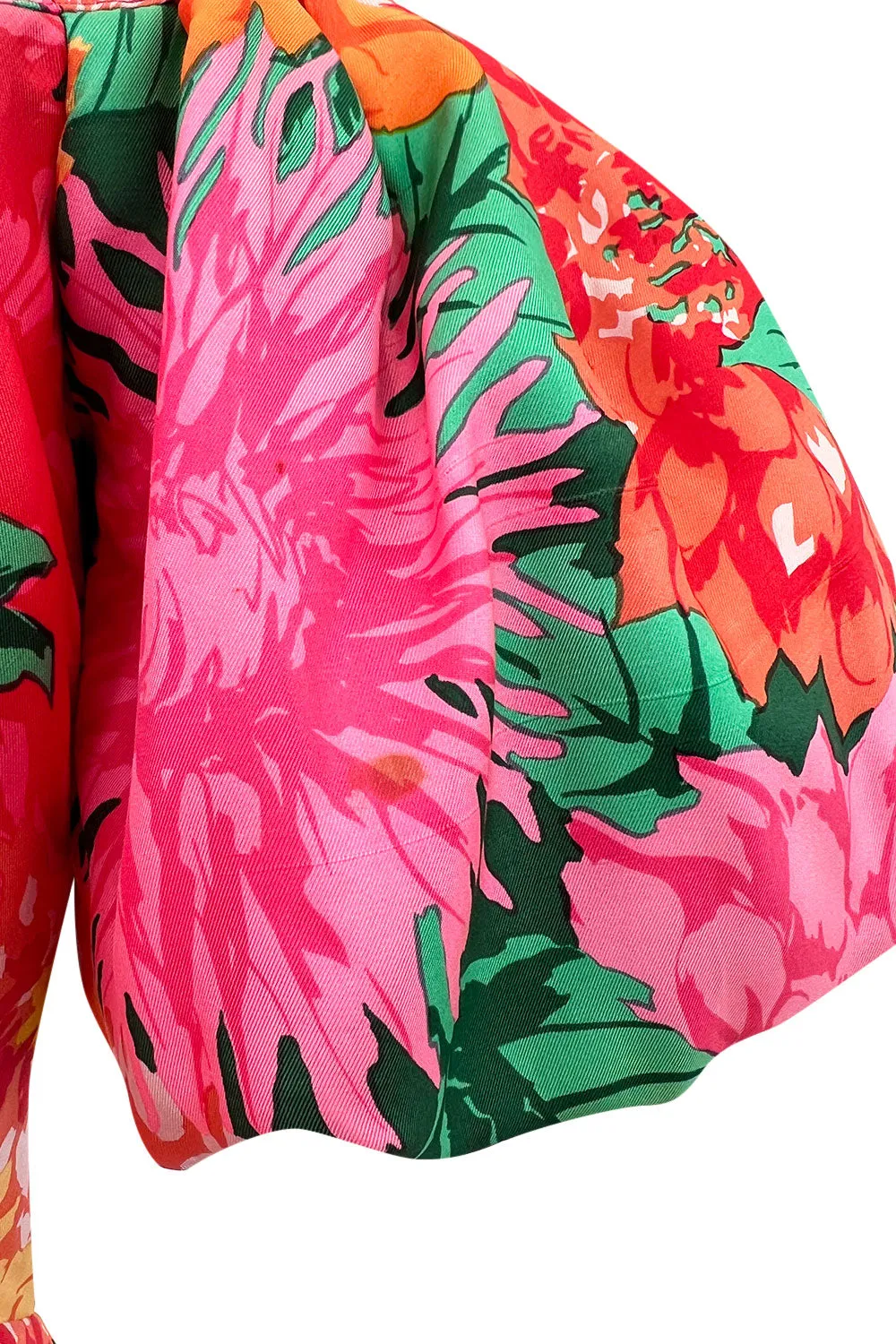 Brilliant Spring 1987 Arnold Scaasi Off Shoulder Silk Twill Floral Dress w Pouf Skirts