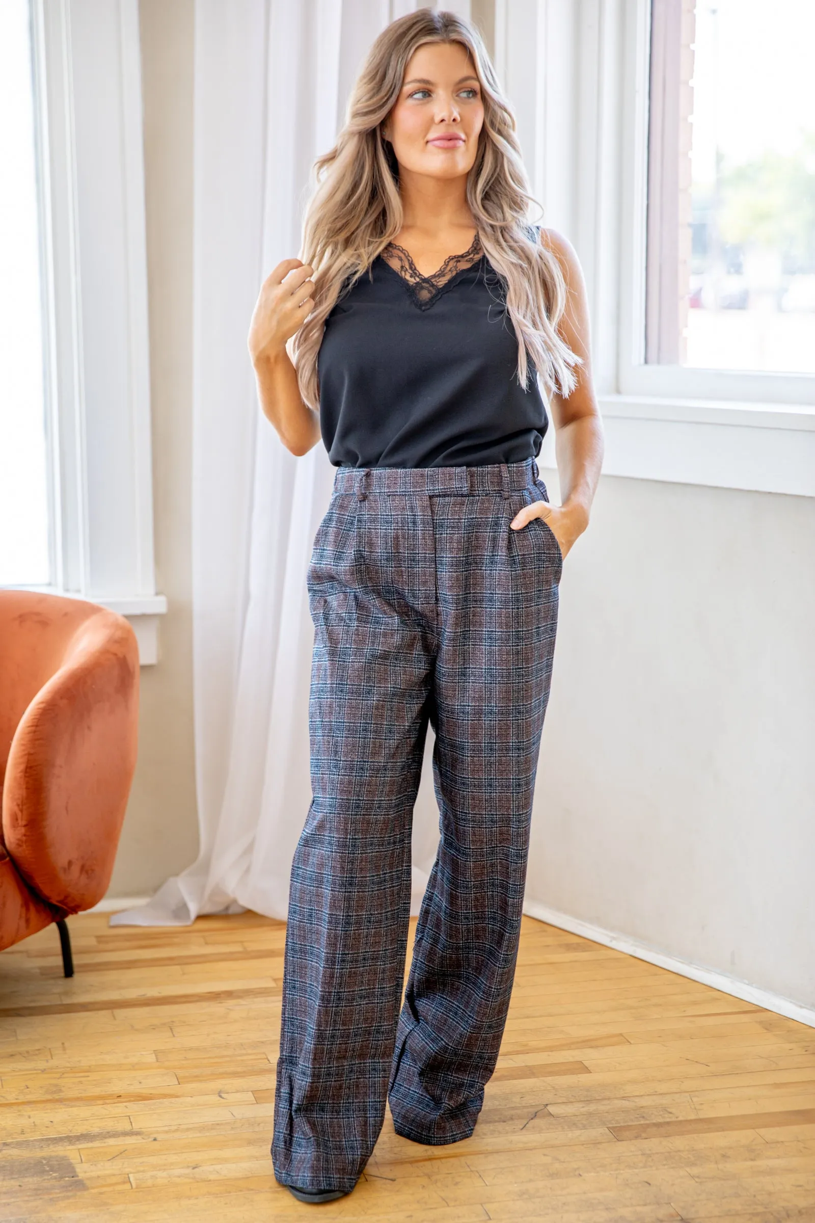 Brown and Navy Plaid Wide Leg Trousers