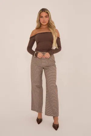 Brown Check Wide Leg High Waisted Trousers - Lorena