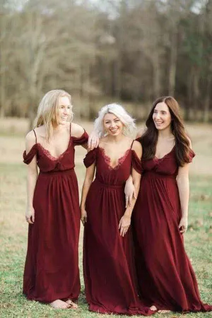 Burgundy Chiffon A-line Long Bridesmaid Dresses, Wedding Party Dress, MBD158