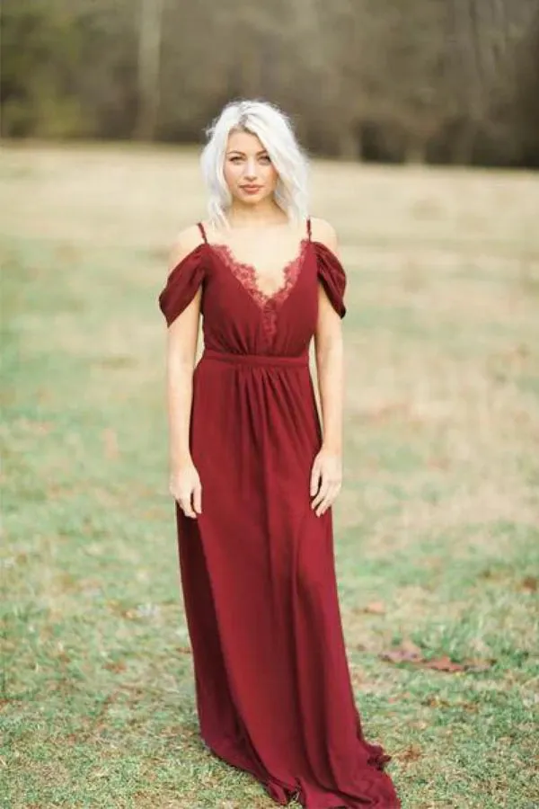 Burgundy Chiffon A-line Long Bridesmaid Dresses, Wedding Party Dress, MBD158