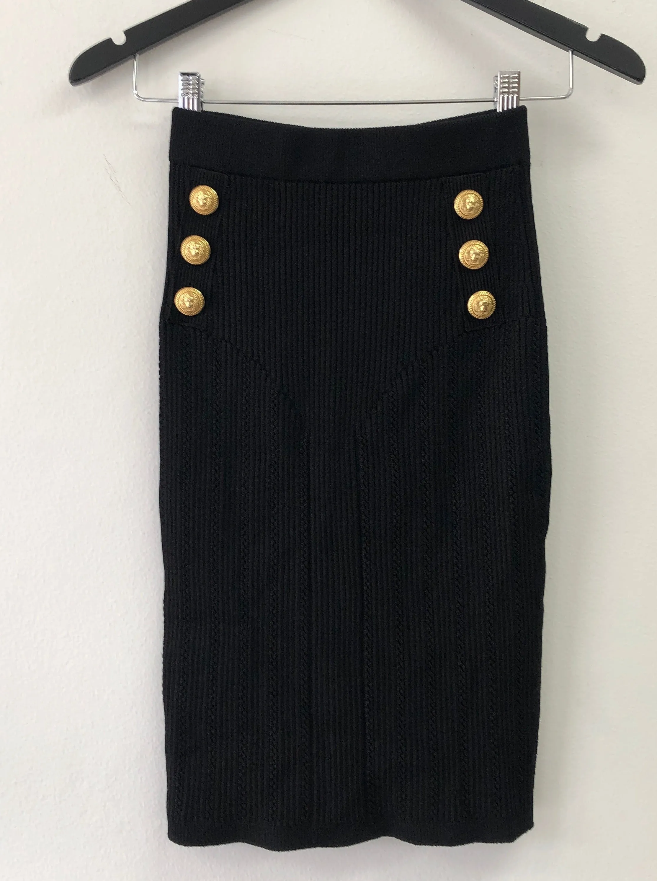 Button Embellished Knit Black Skirt