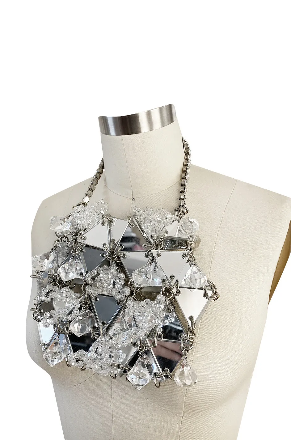 c.1967 Paco Rabanne Couture Mirrored Triangle, Metal, Rhinestone & Beaded Mini Dress w Matching Bag