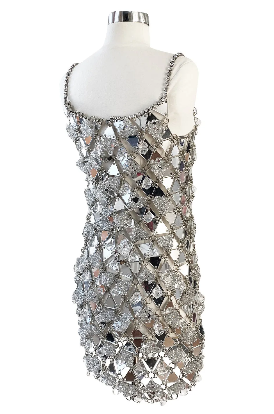 c.1967 Paco Rabanne Couture Mirrored Triangle, Metal, Rhinestone & Beaded Mini Dress w Matching Bag
