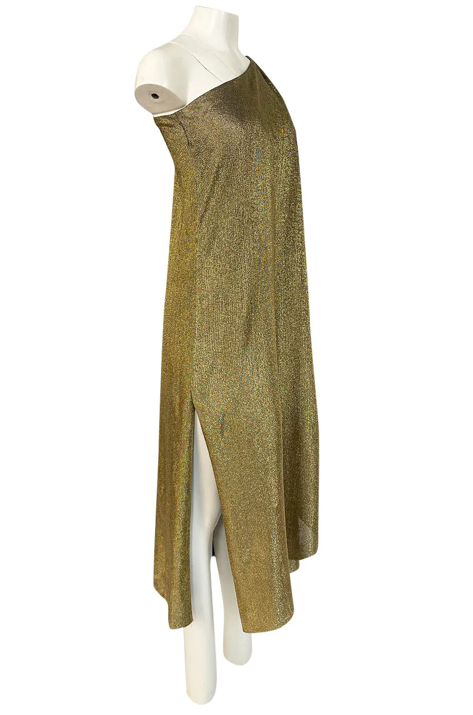 c.1978 Halston One Shoulder Gold Lame Jersey Full Length Maxi Dress
