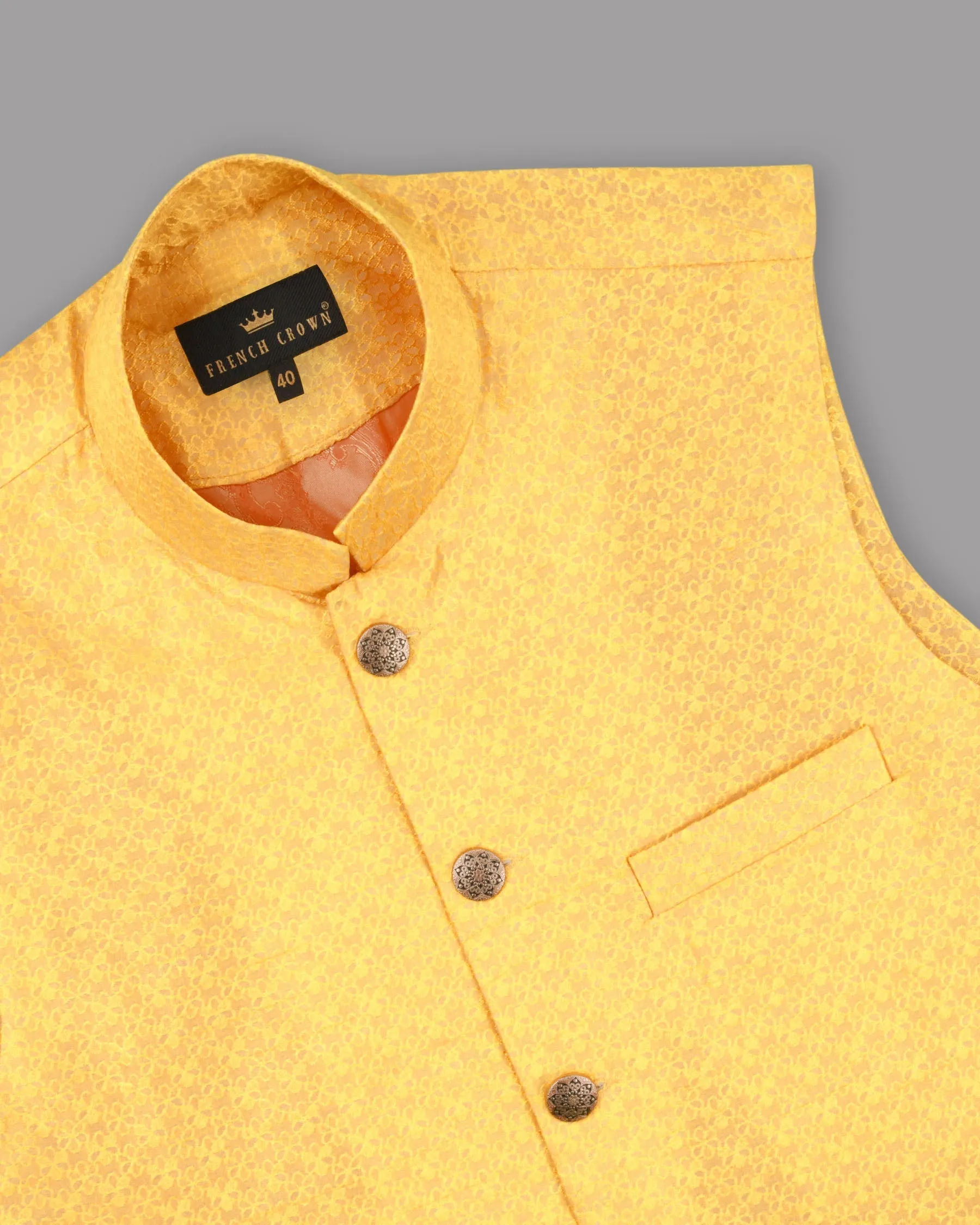 Can Yellow Jacquard Patterned Designer Nehru jacket