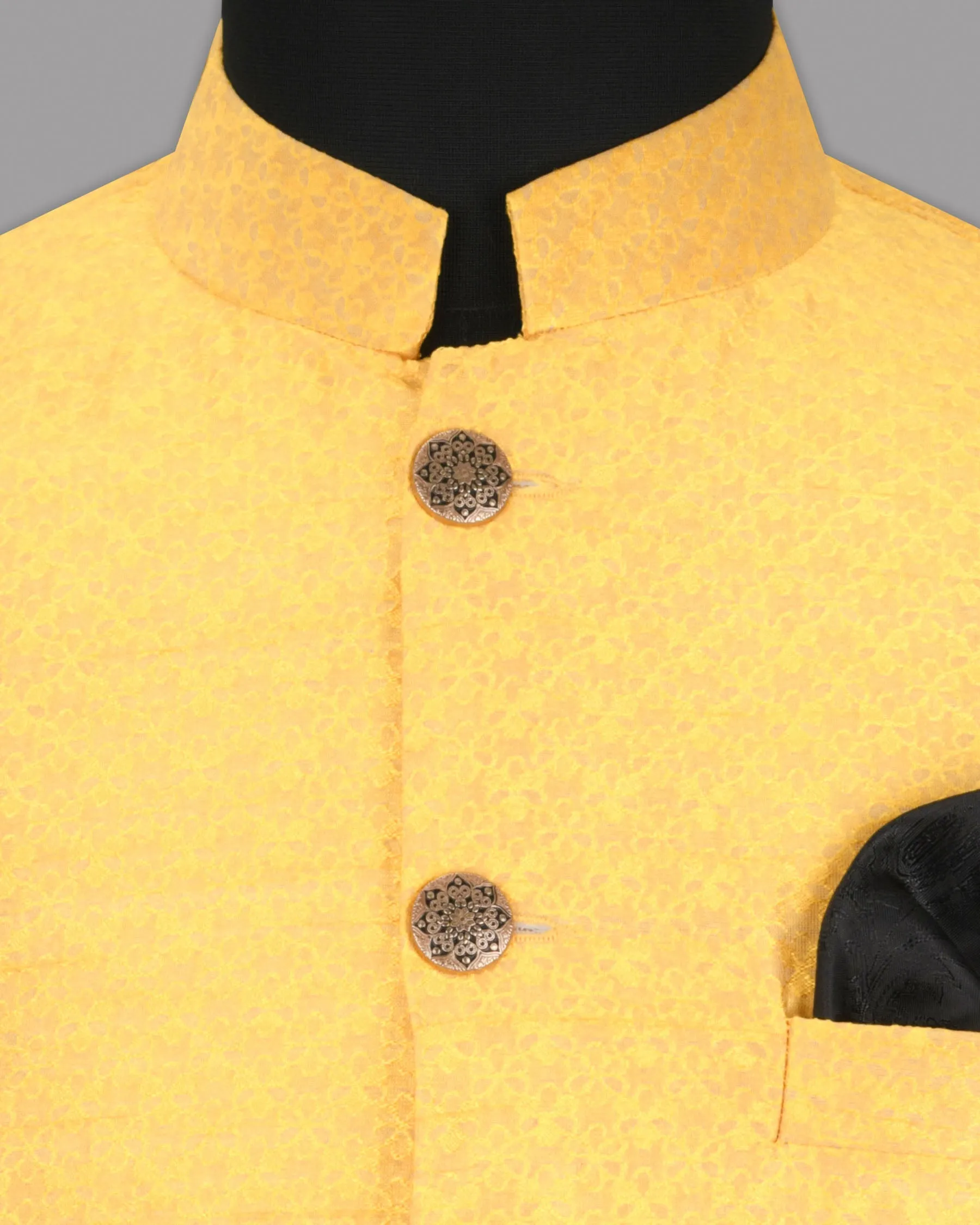 Can Yellow Jacquard Patterned Designer Nehru jacket