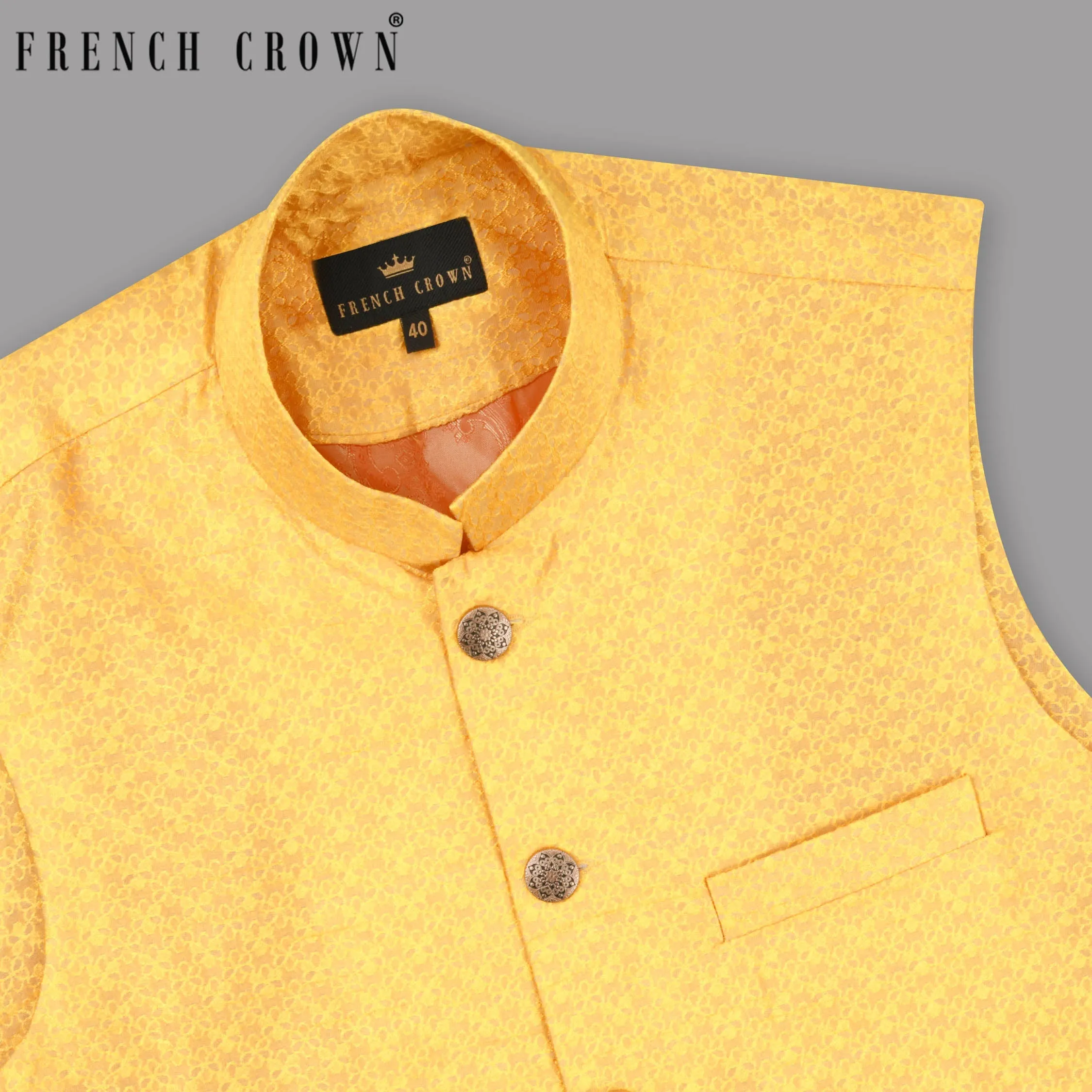 Can Yellow Jacquard Patterned Designer Nehru jacket