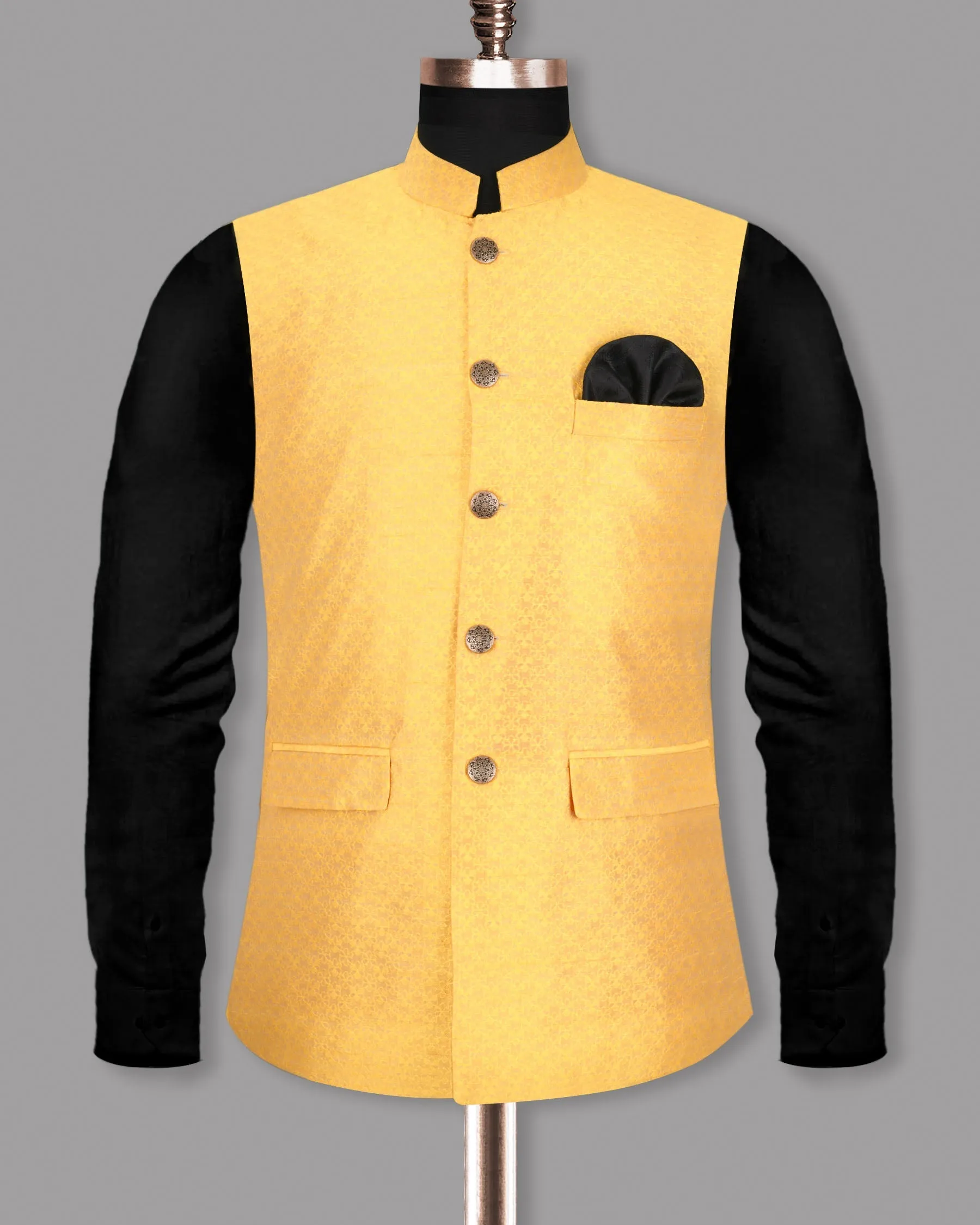 Can Yellow Jacquard Patterned Designer Nehru jacket