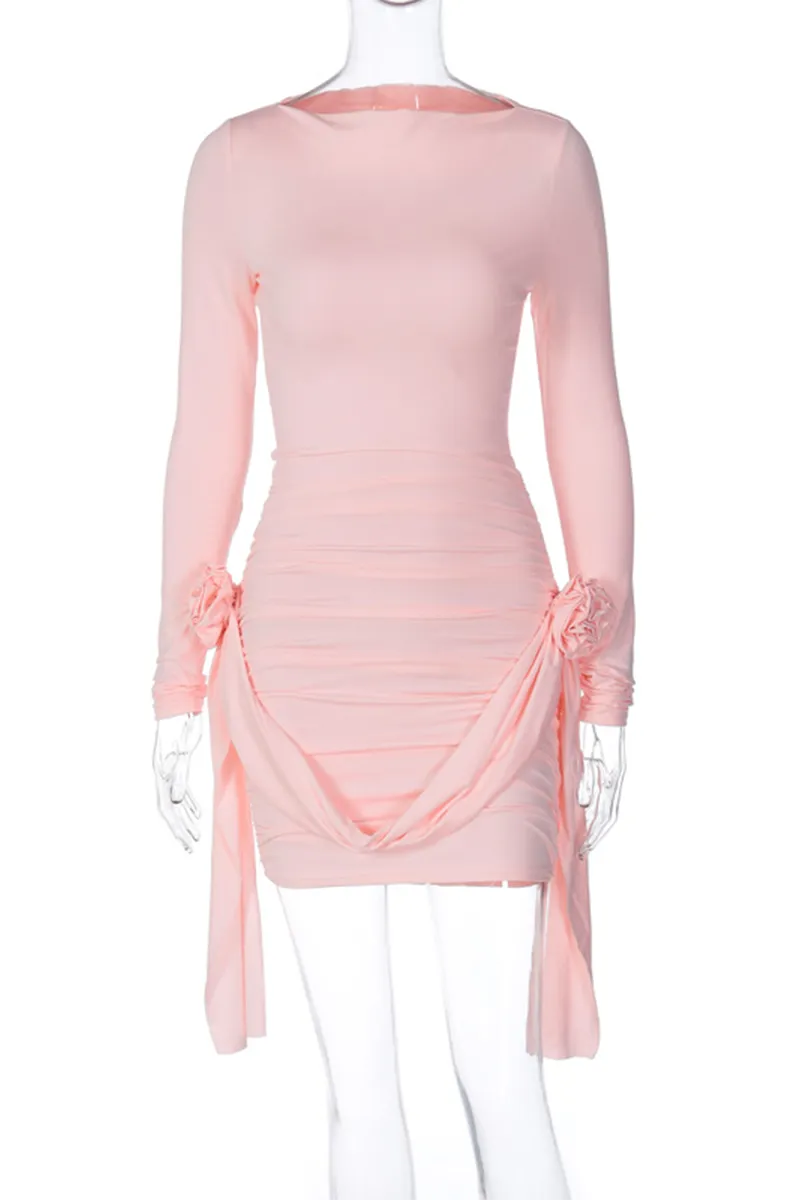 Casual Vacation Patchwork Ruched Flower Shape O Neck Wrapped Skirt Dresses