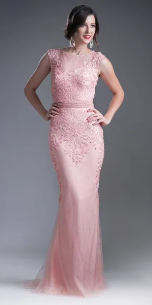 CLEARANCE - Cinderella Divine KC1736 Fitted Peach Long Lace Dress Cap Sleeved (Size 6)
