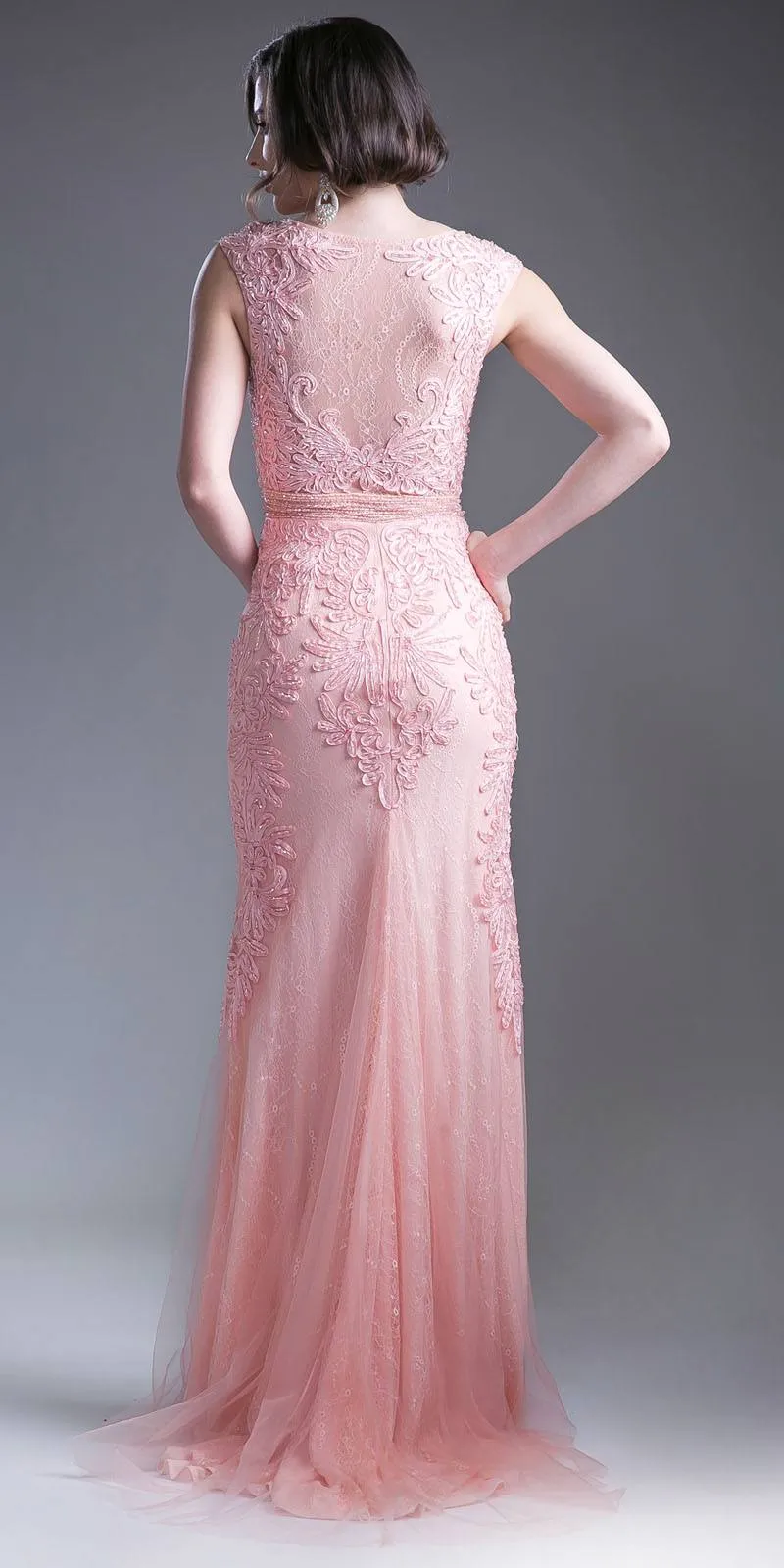 CLEARANCE - Cinderella Divine KC1736 Fitted Peach Long Lace Dress Cap Sleeved (Size 6)