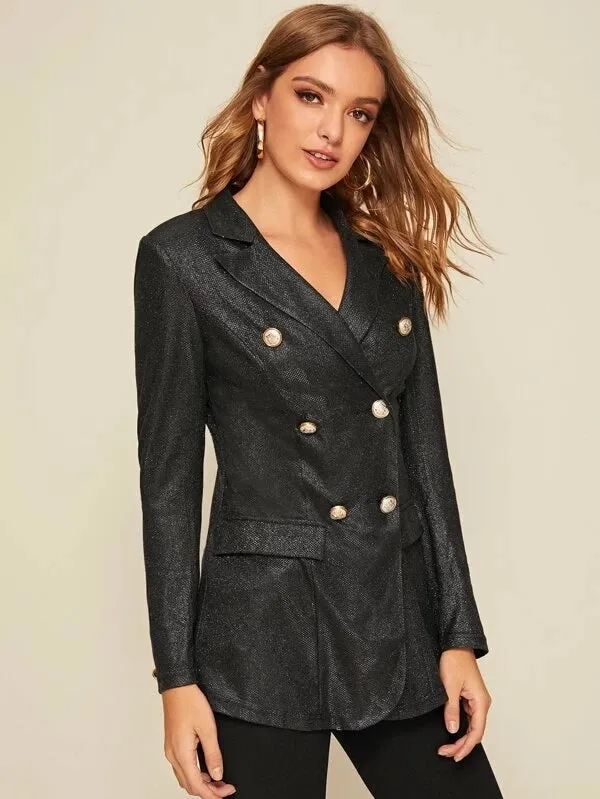 CM-CS031405 Women Elegant Seoul Style Notched Collar Double Breasted Glitter Blazer - Black